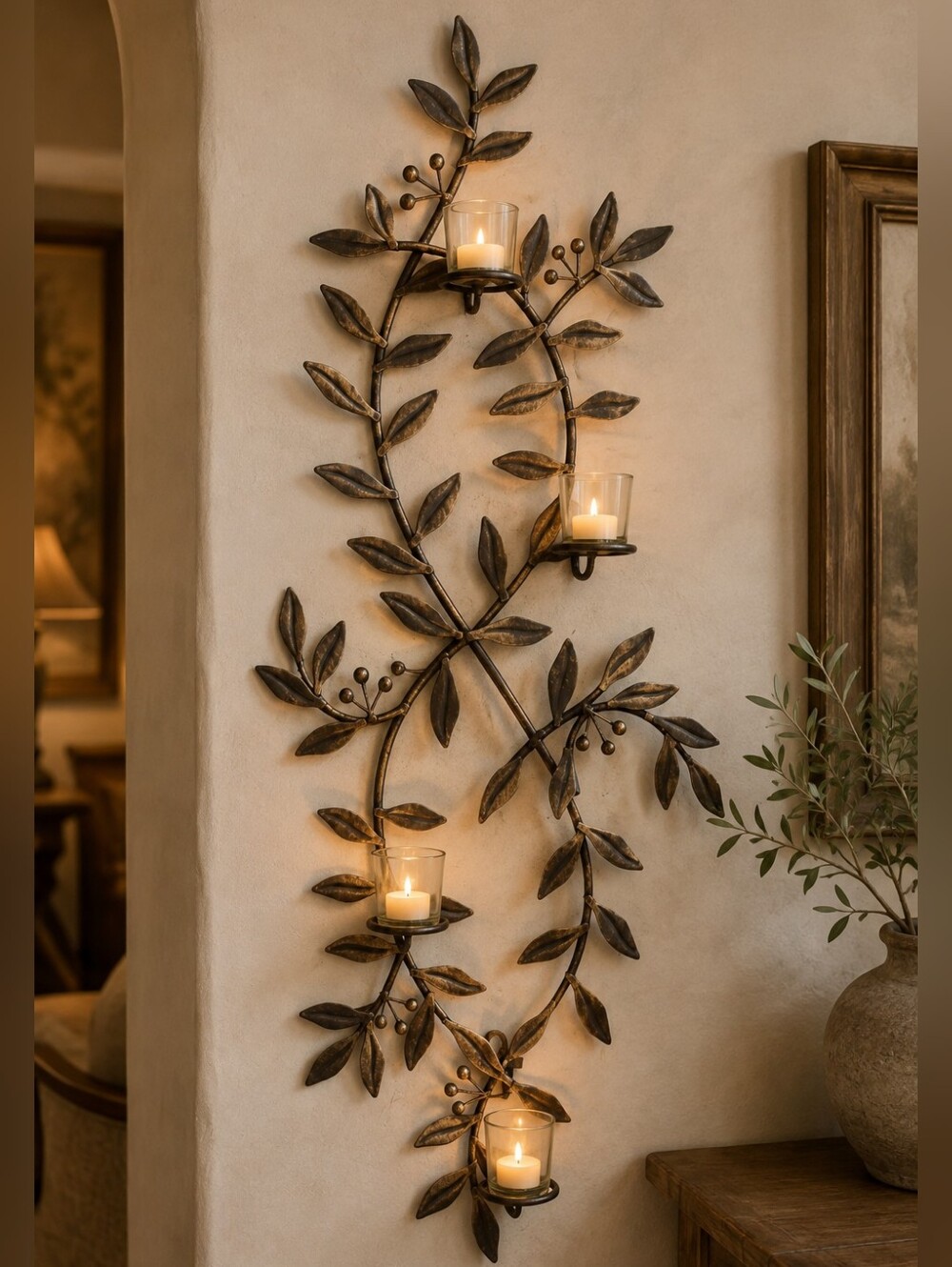 Vintage Style Metal Vine Wall Sconce 4 Votive Holders Tuscan Botanical Decor - Picture 1 of 4